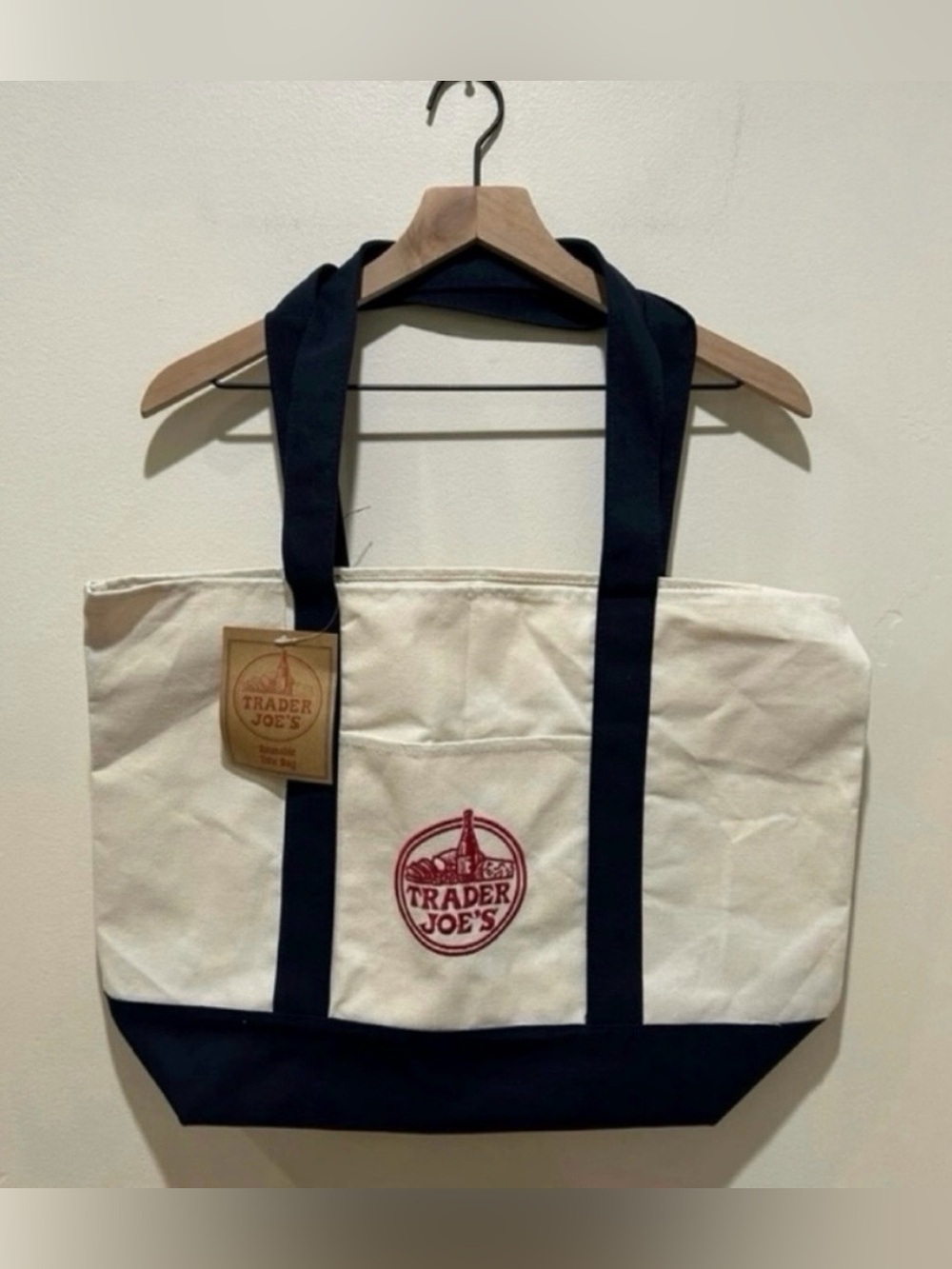 NWT Trader Joe's Reusable Canvas Tote Bag - White and Dark Blue with Red Logo